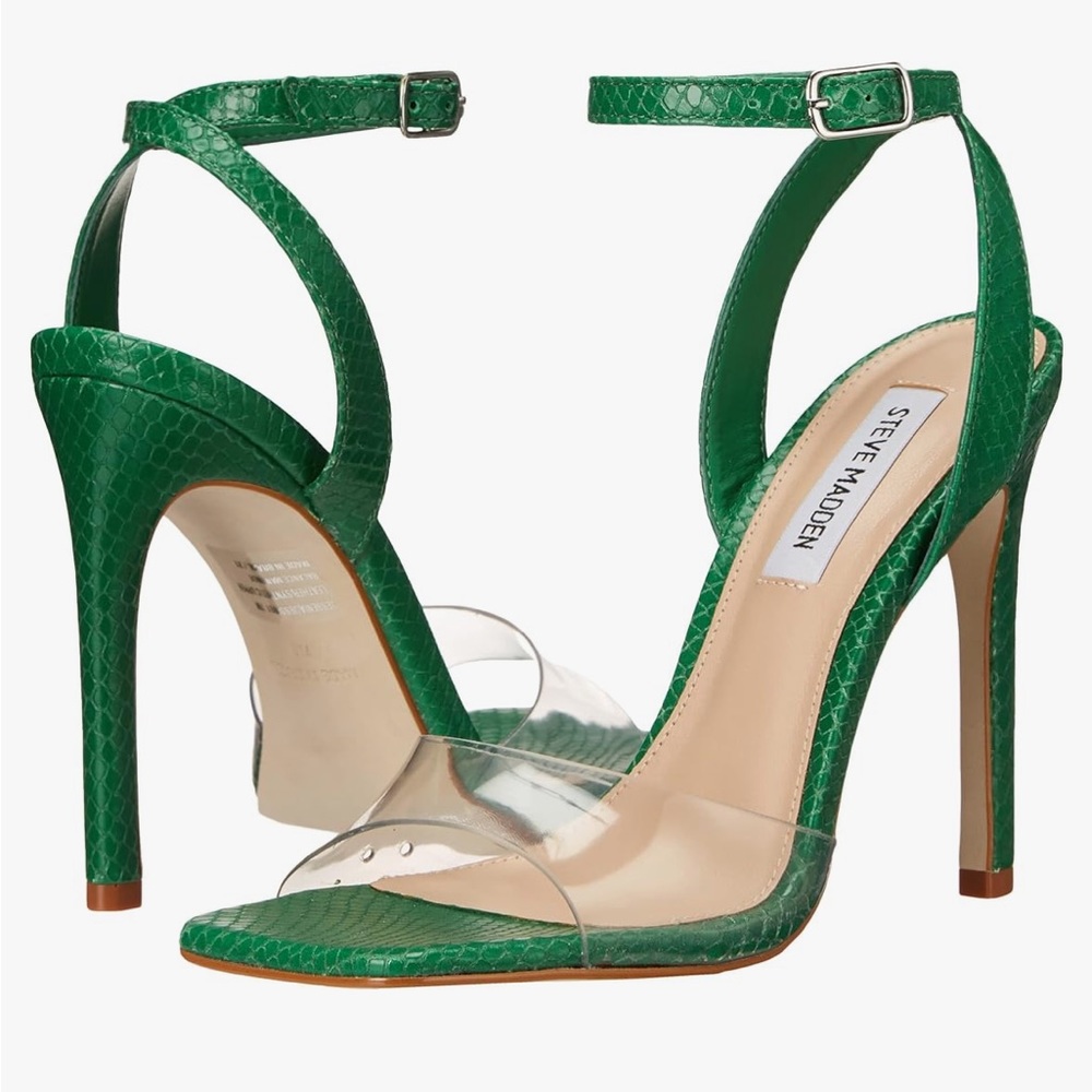 Steve Madden Jessenia Green Acrylic Snakeskin Stiletto Sandals - Picture 2 of 11